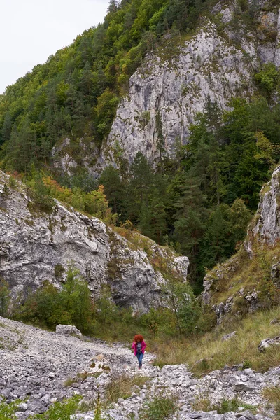 Turistka Kudrnatými Vlasy Kamerou Turistika Strmé Stezce Horách — Stock fotografie