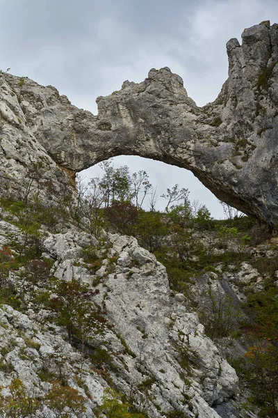 Landschap Met Rotsachtige Bergen Bossen Aan Het Begin Van Herfst — Stockfoto