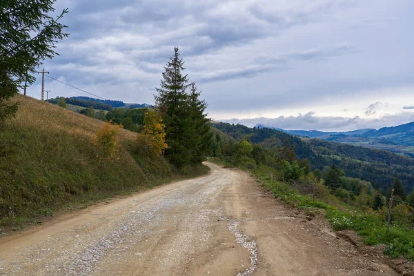 Empty Dirt Road Mountains Forests Cloudy Day — Stock Photo, Image