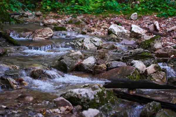 雨の後 山の中で高速流れる水と川の急流 — ストック写真