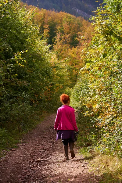 Frau Mit Lockigem Haar Naturfotografin Wanderin Den Bergwäldern — Stockfoto