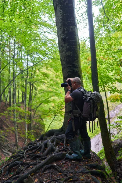 Professioneller Naturfotograf Wandert Mit Kamera Und Rucksack Den Bergwäldern — Stockfoto