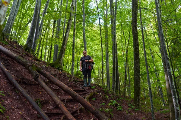 Professionele Natuurfotograaf Wandelen Bergbossen Met Camera Rugzak — Stockfoto