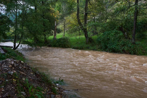 River Flooding Muddy Waters Making Rapids Waves — Stock Photo, Image