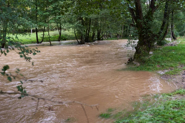 River Flooding Muddy Waters Making Rapids Waves — Stock Photo, Image