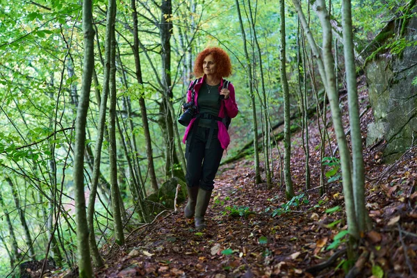 Kıvırcık Saçlı Bir Kadın Doğa Fotoğrafçısı Ormanda Yürüyüş Yapıyor — Stok fotoğraf