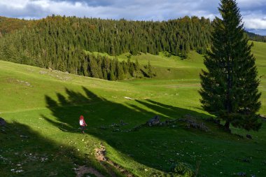 Sırt çantalı bir kadın dağda yürüyüş yapıyor.
