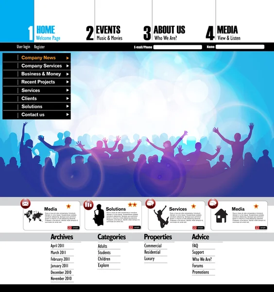 Website-Layout mit Thema Musik-Event — Stockvektor