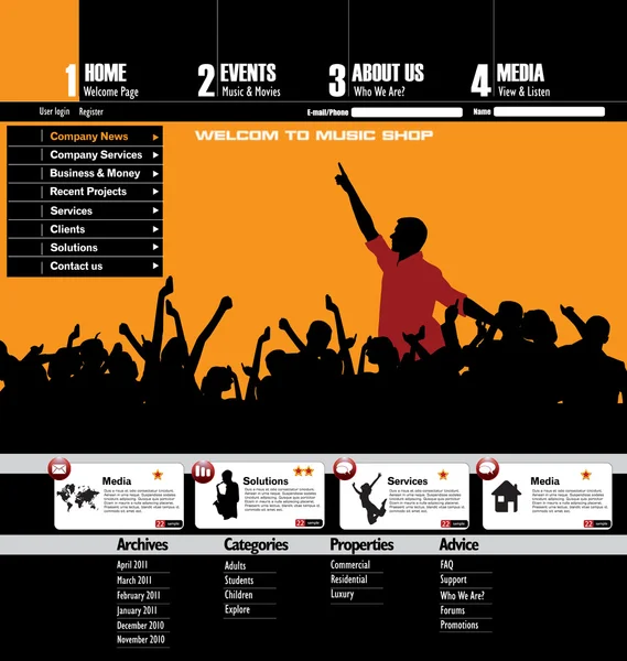 Układ witryny sieci Web z tematem imprezy muzyka — Wektor stockowy