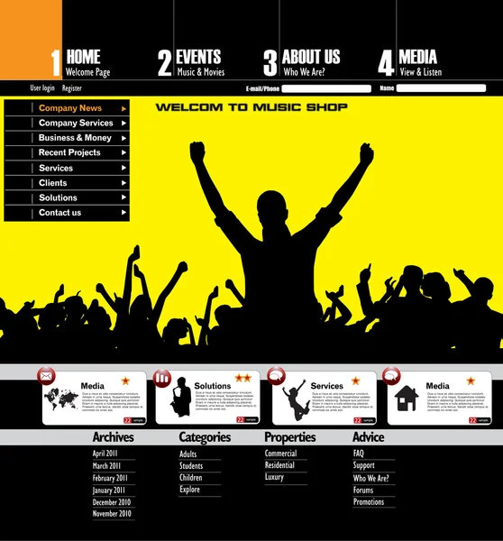 Układ witryny sieci Web z tematem imprezy muzyka — Wektor stockowy