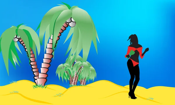 Silhouet van de vrouw op strand — Stockvector