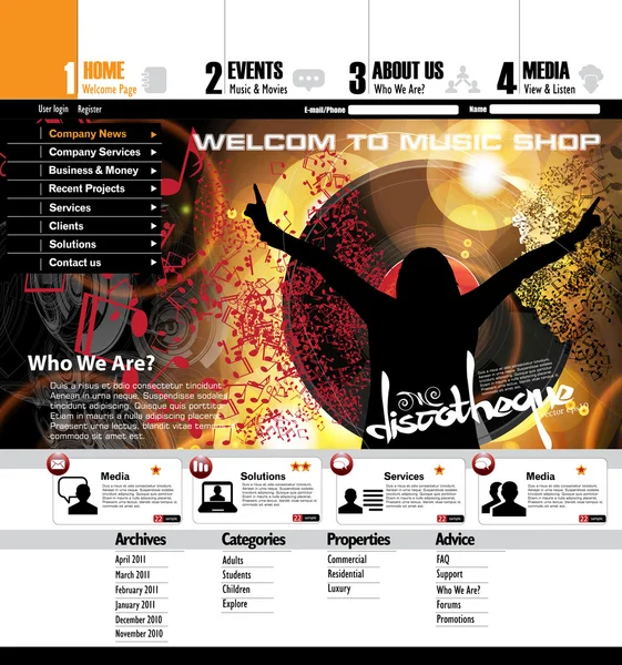 Muziek website sjabloon - vector ontwerp — Stockvector