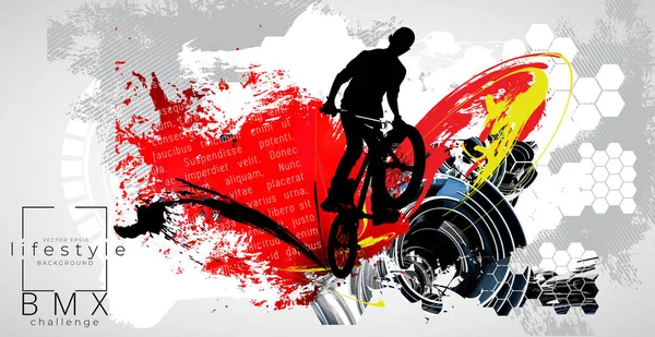 Joven Activo Haciendo Trucos Una Bicicleta Concepto Deporte Extremo Fondo — Vector de stock