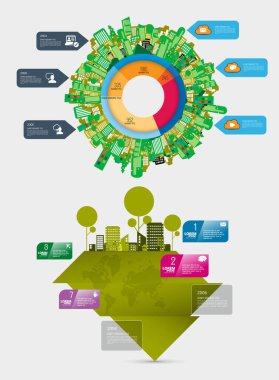 Infografik kentsel manzaranın vektör illüstrasyonu. Fütürist unsurları olan akıllı şehir.