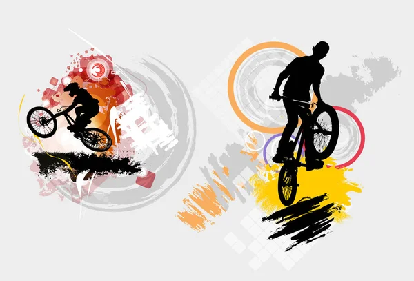 Bmx骑手 活跃的年轻人骑自行车做手脚 — 图库矢量图片