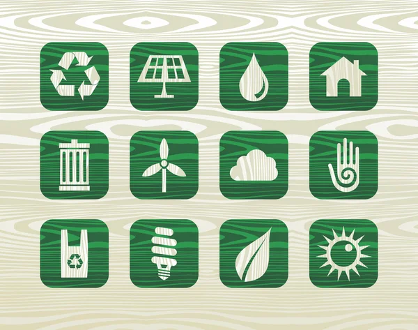Iconos verdes ambientales en madera orgánica — Vector de stock