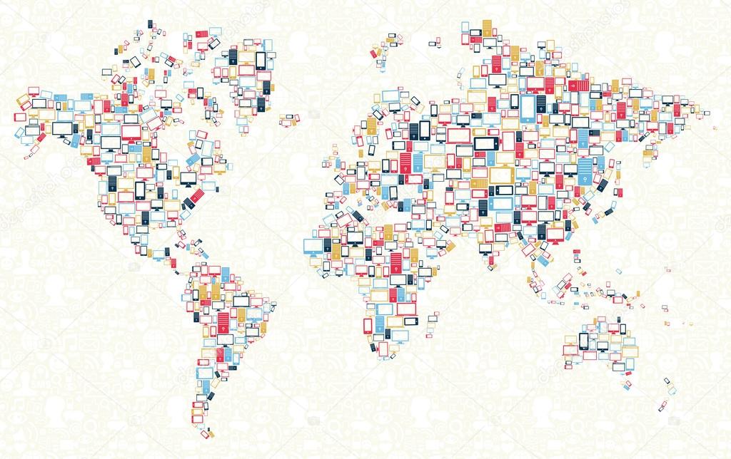 Gadgets icons world map illustration