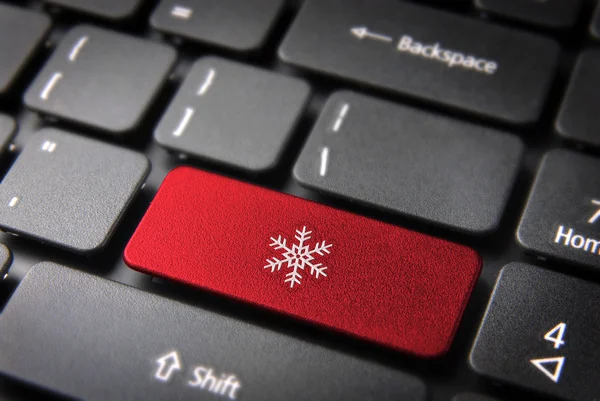 Κόκκινο πληκτρολόγιο κλειδί με χιόνι εικονίδιο, υπόβαθρο της σεζόν — Φωτογραφία Αρχείου