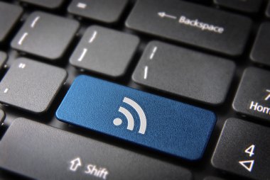 Mavi klavye anahtar rss simgesi, internet teknoloji arka plan