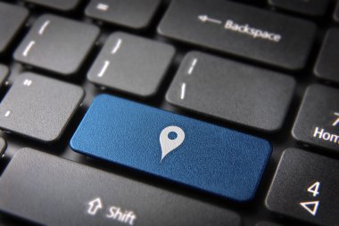 Blue geo location keyboard key, technology background clipart