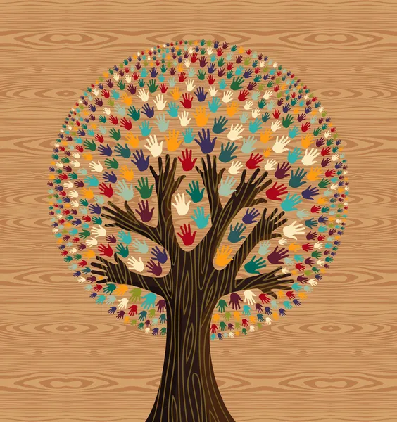 Diversity Tree hands over wood pattern — Stock Vector