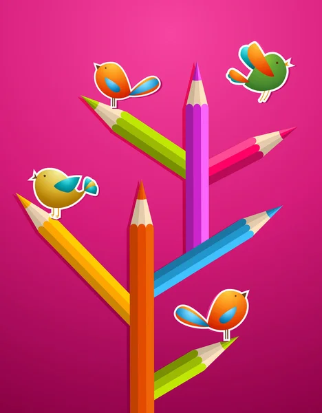 Art pencils and birds Christmas tree — Stockvector