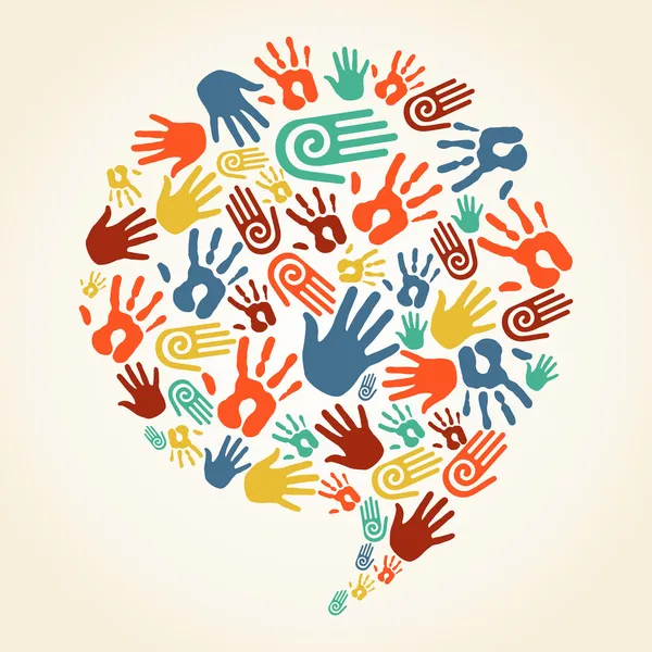 Global diversity hand prints speech bubble — Stock Vector