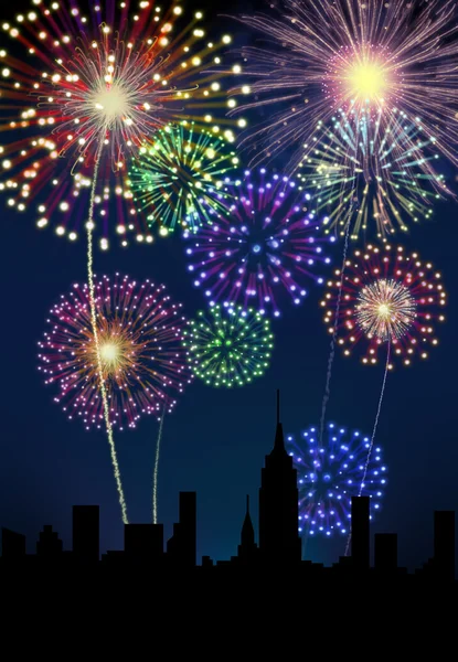 Fireworks Happy New Year city — Stock Photo, Image