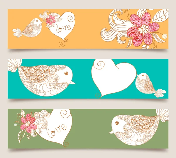 Set afiş, Sevgililer günü aşk kuşlar ve çiçeği — Stok Vektör