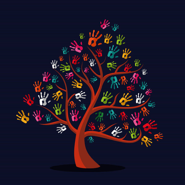 Красочное разноцветное дерево ручной печати
