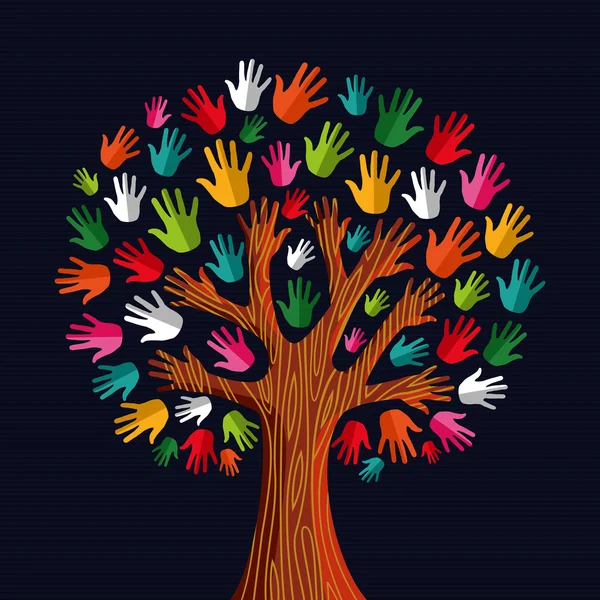 Multi mãos árvore solidariedade social — Vetor de Stock