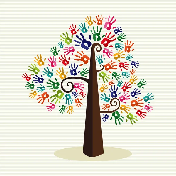 Colorida solidaridad mano imprime árbol — Vector de stock