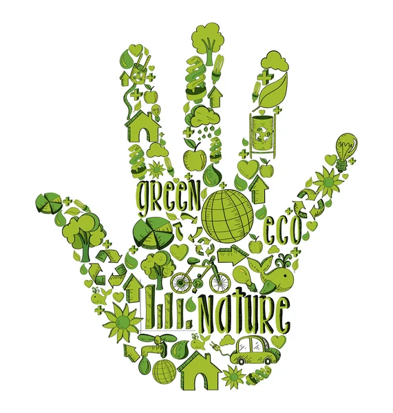 Groene hand met milieu pictogrammen — Stockvector