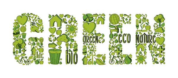 Grünes Wort mit Umwelt-Symbolen — Stockvektor