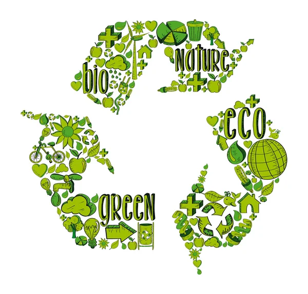 Groene recycling symbool met milieu pictogrammen — Stockvector