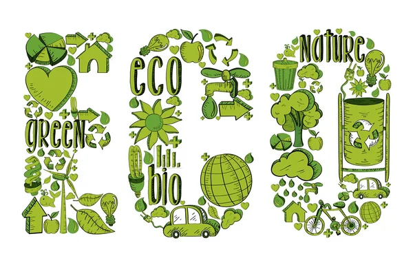Ordet eco med miljömässiga ikoner — Stock vektor