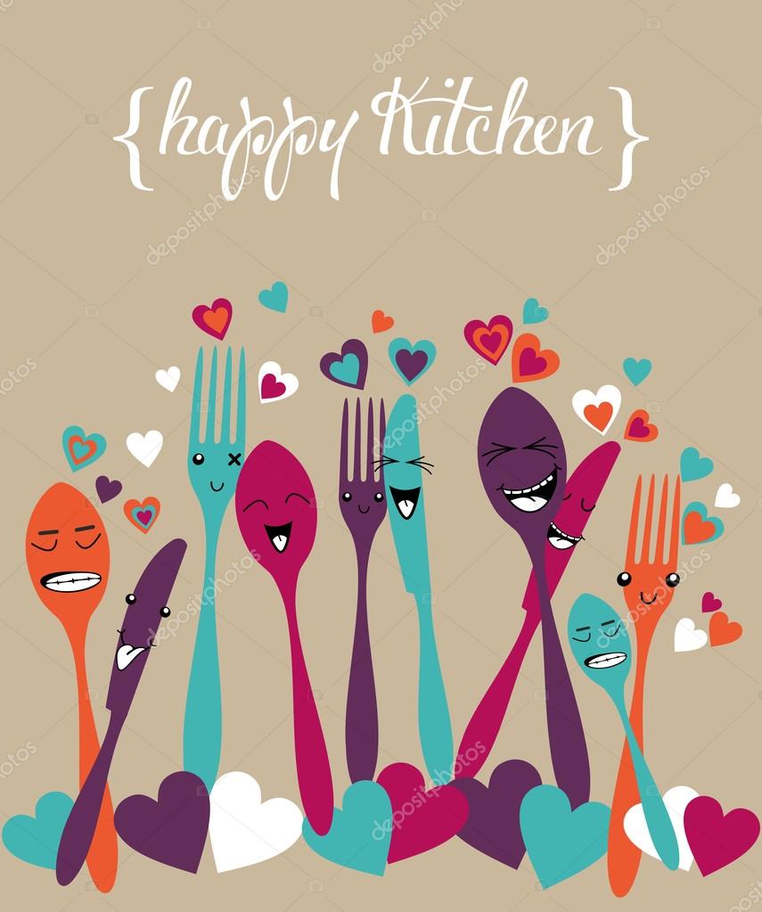 Silverware cartoon Happy kitchen silverware cartoon set — Stock