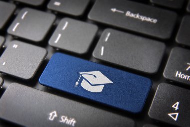 Mavi mezuniyet klavye tuşu, eğitim arka plan