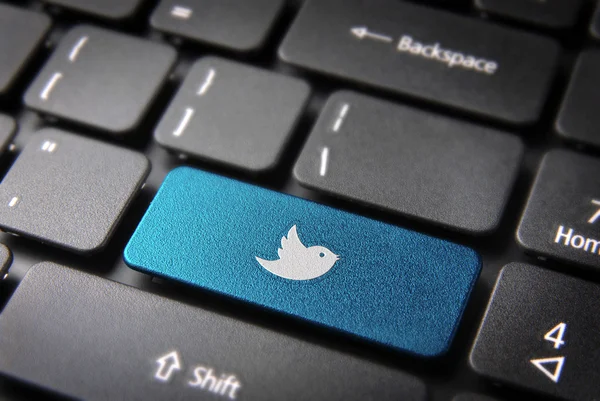 Blauwe twitter vogel toets op het toetsenbord, sociale netwerken achtergrond — Stockfoto