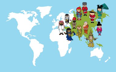 Asian people cartoons, world map diversity illustration.