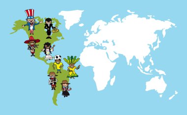 Amerika'da insanlar karikatür, Dünya Haritası çeşitlilik illüstrasyon.