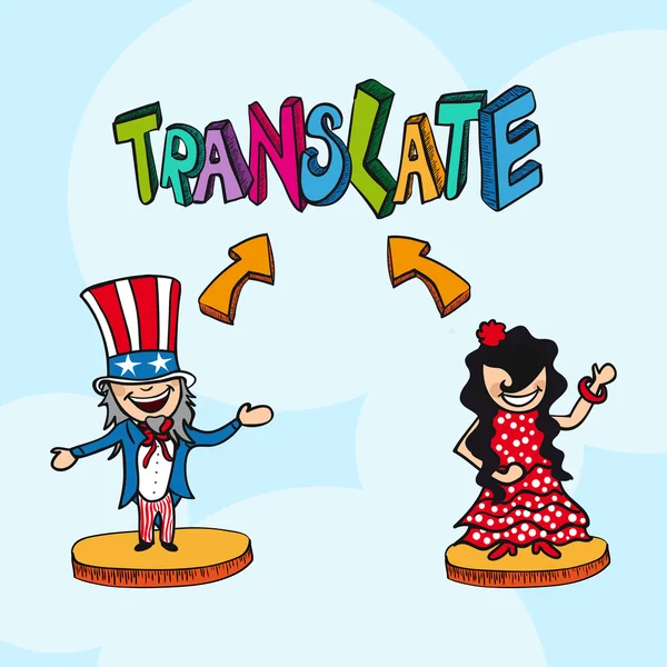 Concept de traduction anglais espagnol peuple dessin animé . — Image vectorielle