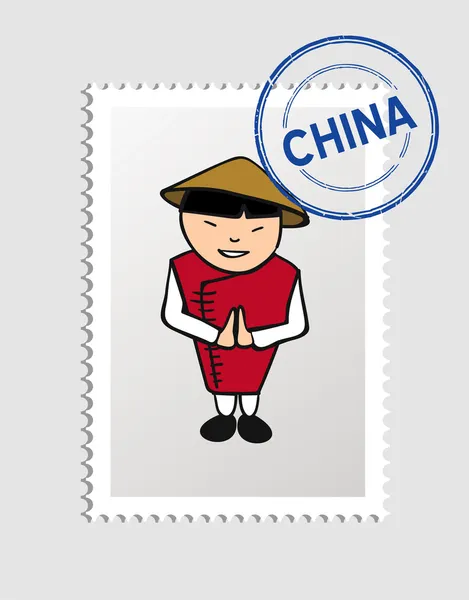 Carimbo postal chinês da pessoa dos desenhos animados — Vetor de Stock