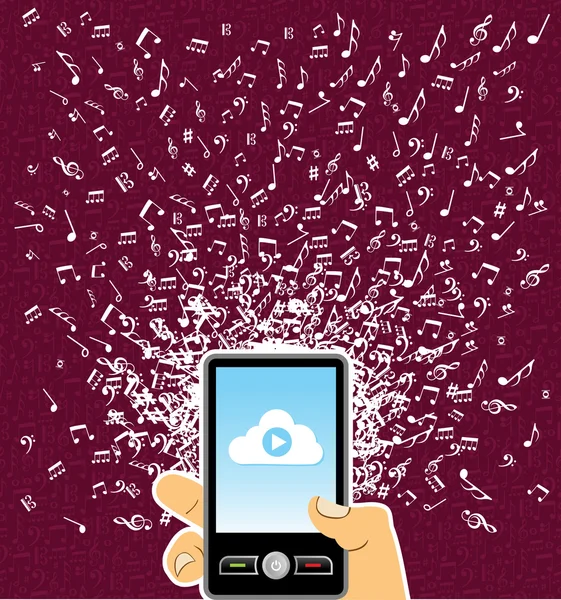 Insan eli akıllı telefon müzik notlar splash — Stok Vektör