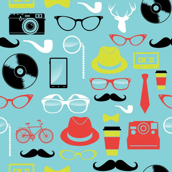 Coloridos iconos retro hipsters patrón sin costuras . — Vector de stock