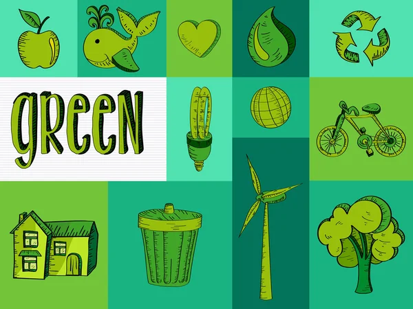 Iconos de recursos verdes dibujados a mano . — Vector de stock