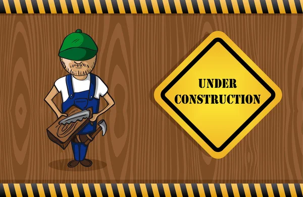 Carpenter man cartoon, under construction sign. — Stock Vector