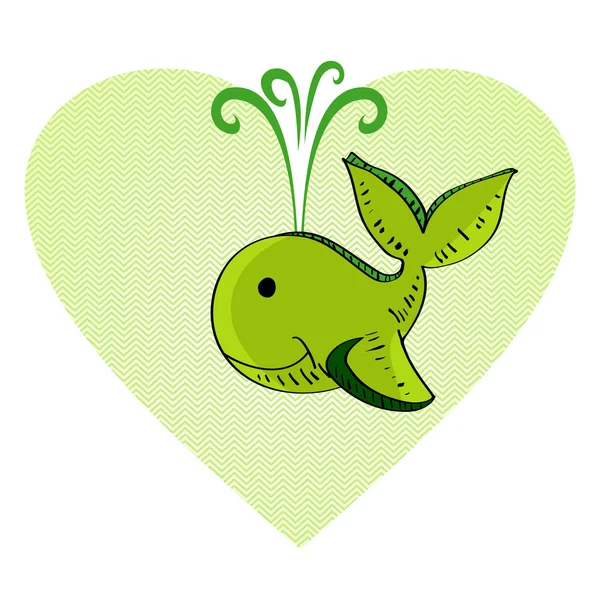 Σκίτσο του στυλ πράσινο φάλαινα αγάπη έννοια. — Διανυσματικό Αρχείο