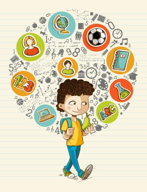 Back to school education icons colorful cartoon boy.
