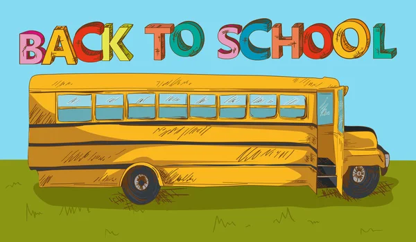 Volver a texto escolar colorido Autobús escolar dibujos animados . — Archivo Imágenes Vectoriales